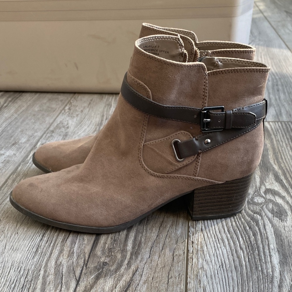 Unisa Taupe Suede Ankle Booties with Dark Brown Buckle Strap